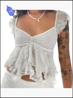 Vintage Floral Lace Cap Sleeve Crop Top Sheer Going Out Tank